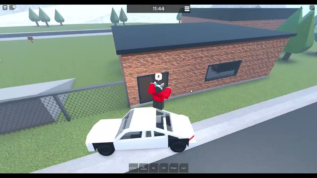 Life in Prison Roblox gameplay: a criminal standing on a police cruiser outside a brick house with guns in the hotbar
