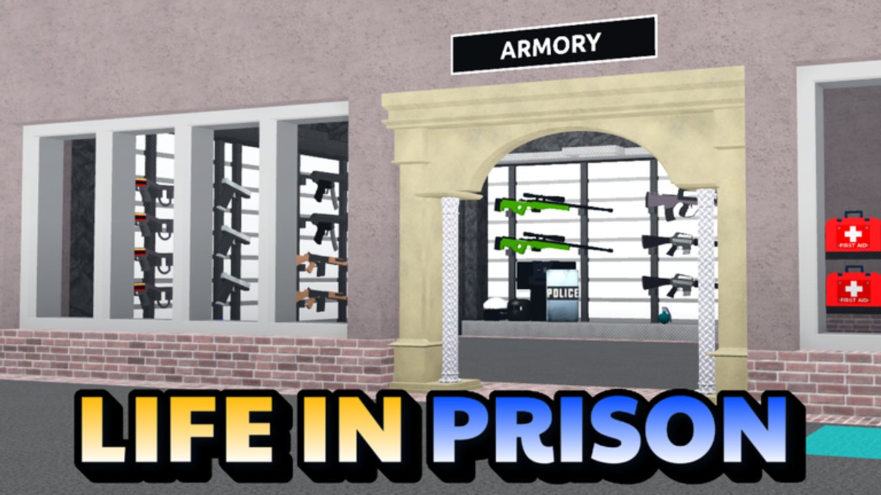 Life in Prison armory with rifles on wall racks, a sniper in green camo, and first-aid kits behind the police counter